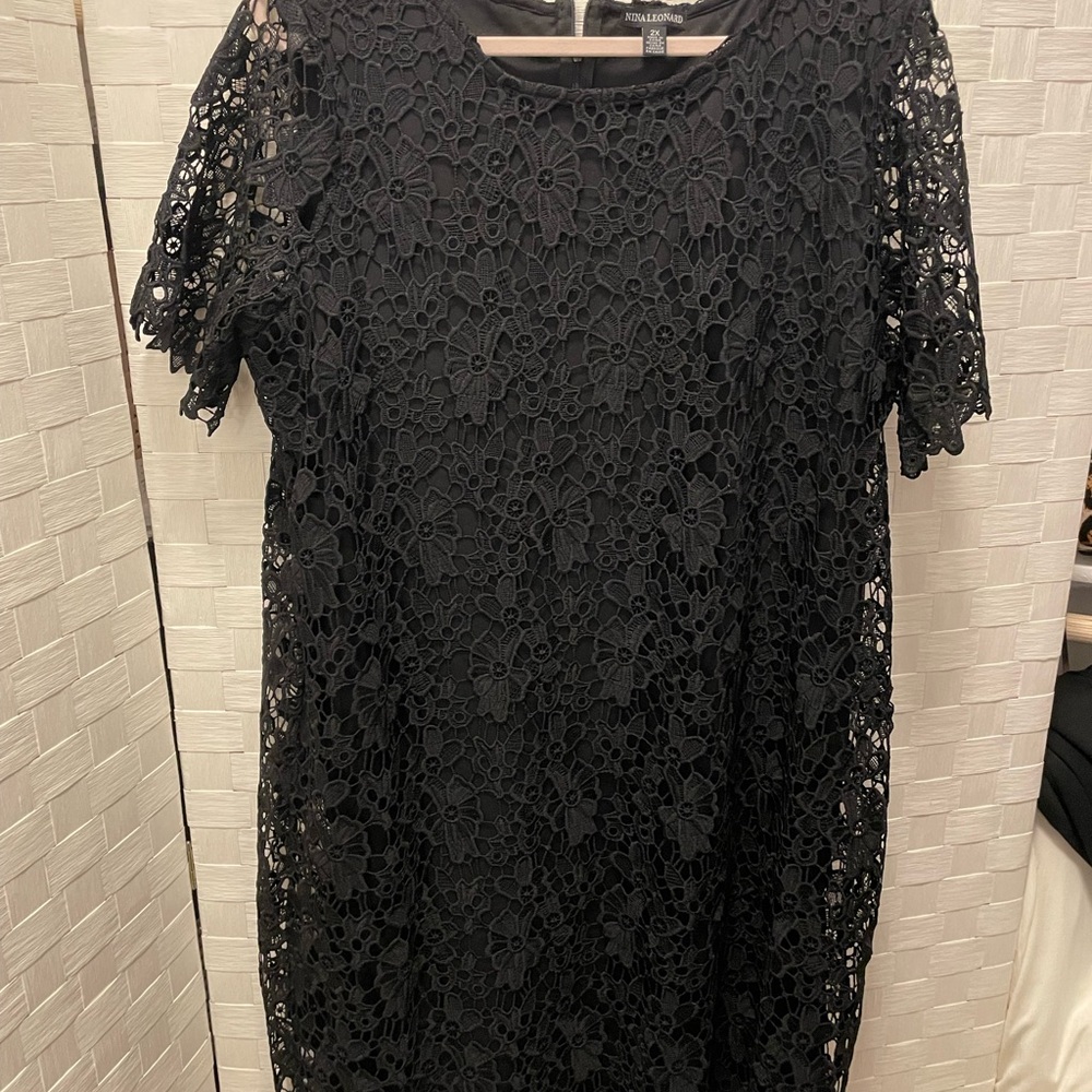 Nina Leonard Black Sheath Dress with Flutter Sleeves